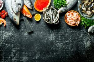 Fresh fish with caviar, shrimp and oysters. photo