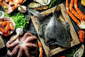 Various fish, octopus, shrimp and crayfish with herbs. photo