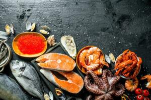 Fresh salmon steak with octopus, caviar, shrimp and crayfish. photo