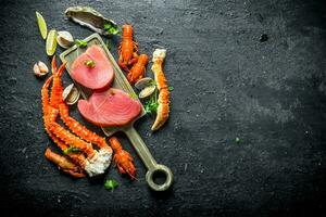 Tuna steak on the cutting Board. photo