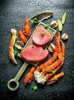 Tuna steak on the cutting Board. photo