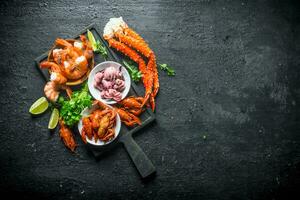 Fresh healthy seafood on the cutting Board. photo