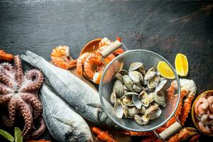 Seafood. Oysters, fresh fish, shrimp, octopus and crab with lemon slices. photo