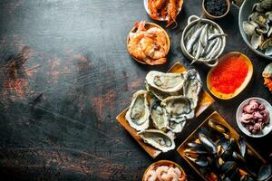 Fresh seafood on various plates. photo