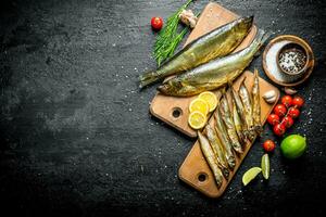 Types of smoked fish with slices of lime, lemon, tomatoes and herbs. photo