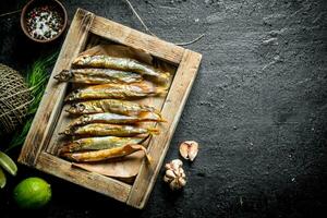 Smoked fish on tray with lime, old twine and garlic. photo