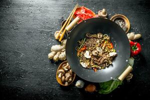 Ingredients for making delicious soba wok noodles. photo