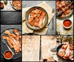 Food collage of fried bacon. photo