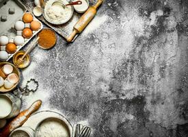 Baking background. Preparation of the dough with the traditional ingredients. photo