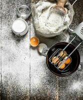 Baking background. Ingredients for fresh dough. photo