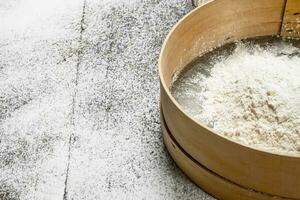 Baking background. Sieve with flour. photo