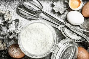 Baking background. Ingredients for fresh dough. photo