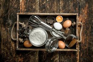 Baking background. Ingredients for fresh dough. photo