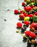 Different berries on the stone table. photo