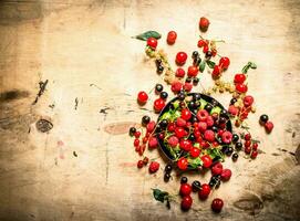 Wild berries in the old plate. On wooden table. photo