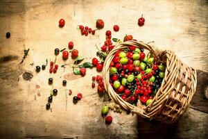 Basket with berries. On wooden table. photo