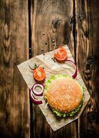 hamburger with fresh tomatoes, onions and spices. photo