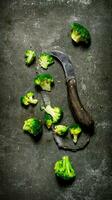 Fresh broccoli with an old knife. On stone background. photo