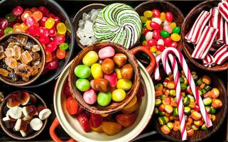 dulces dulce, azucarado frutas con malvavisco y jalea en un de madera bandeja. foto