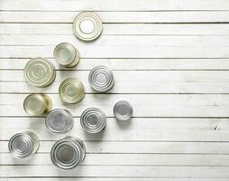 Tin cans with food. photo