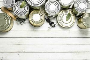 Tin cans with food and opener. photo