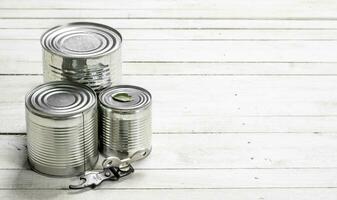 Tin cans with food and opener. photo