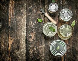 Food in tin cans with opener. photo