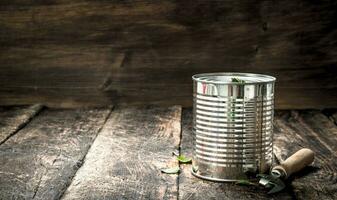 Food in tin can with opener. photo