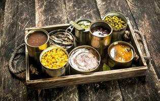 Various canned fruits, vegetables, fish and meat in tin cans on old tray. photo