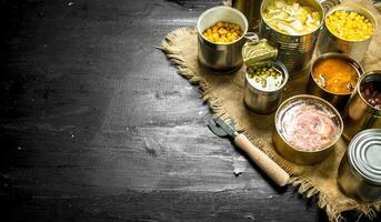 Different canned products in tin cans. photo