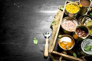 Various canned fruits, vegetables, fish and meat in tin cans on old tray. photo