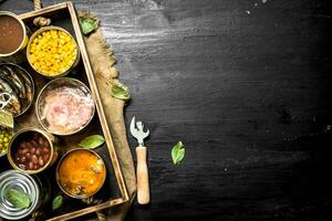 Various canned fruits, vegetables, fish and meat in tin cans on old tray. photo