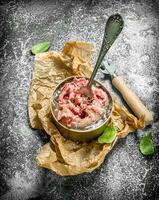 Canned meat in a tin can. photo