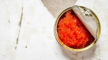 Red caviar in metal tin can.  Free space for text . photo