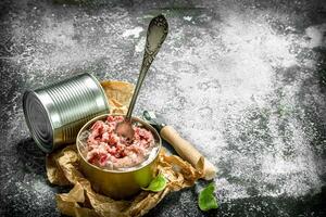 Canned meat in a tin can. photo