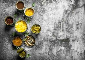 Various canned foods with meat, fish, vegetables and fruits in tin cans. photo