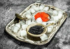 Black and red caviar in bowls on old tray. photo