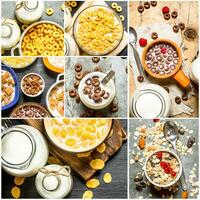 Food collage of cereal and corn flakes. photo