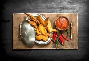 Chicken wings with sauce and hot chili peppers. photo