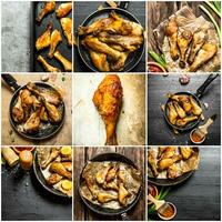 Food collage of fried chicken legs . photo
