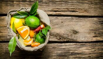 Citrus fruits - grapefruit, orange, tangerine, lemon, lime in the old bag. photo