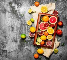 Citrus background. Citrus fruits in the old tray. photo