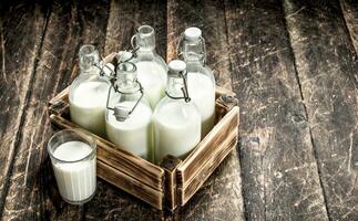 Bottles with fresh milk in a box. photo