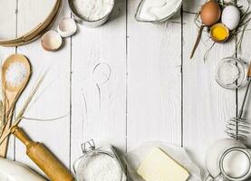 Baking background. Ingredients for the dough - Milk, eggs, flour, sour cream, butter, salt and different tools. photo