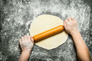 Dough background. The rolling of the hands of women for cookies. photo