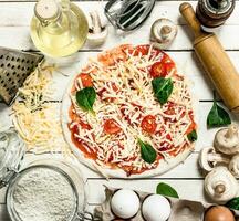 Preparation of pizza with various ingredients. photo