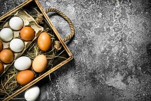 Fresh chicken eggs on an old tray. photo