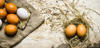 Eggs on the old bag and on the hay. photo