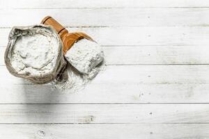 Flour in bag with a shovel. photo