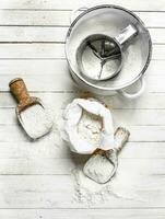 Flour in bag with a shovel. photo